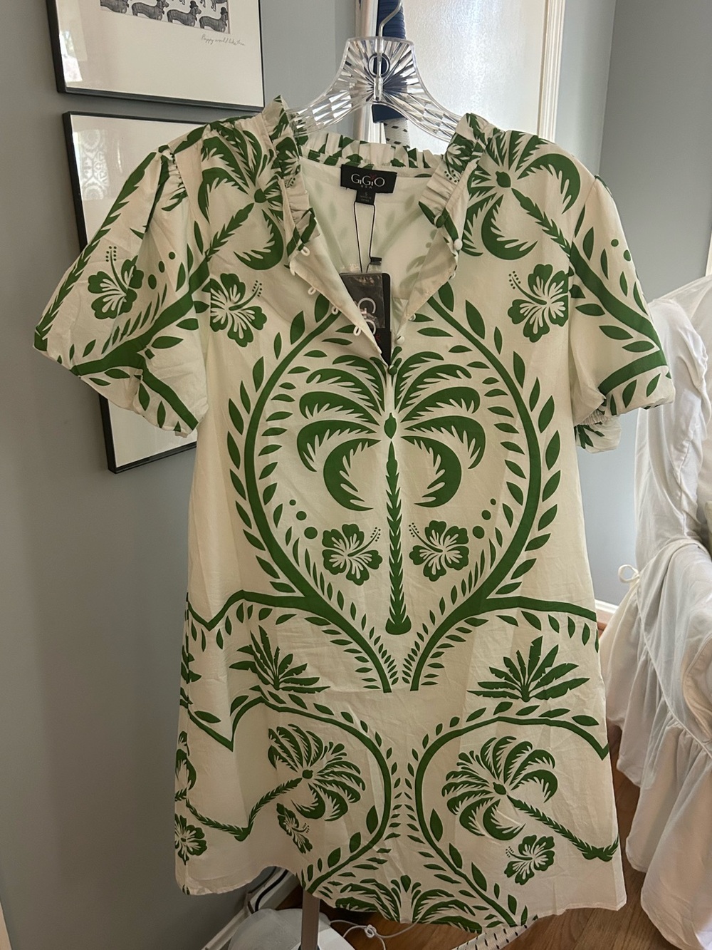 GiGiO Collection Cream dress with Green Botanical Motif
